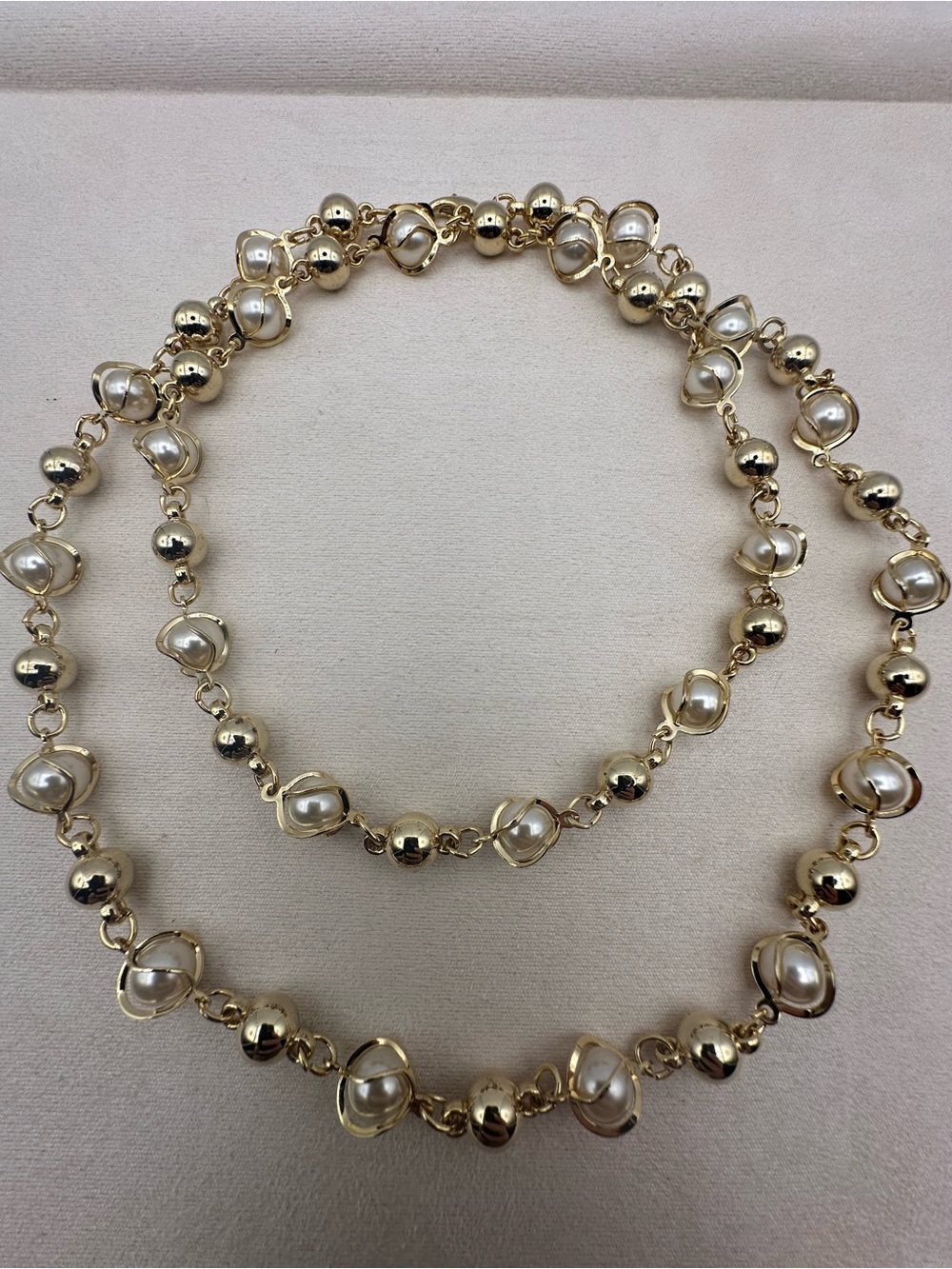 Gold Tone Faux Pearl Station Chain Necklace Caged Swirl Bead Long Statement 36"